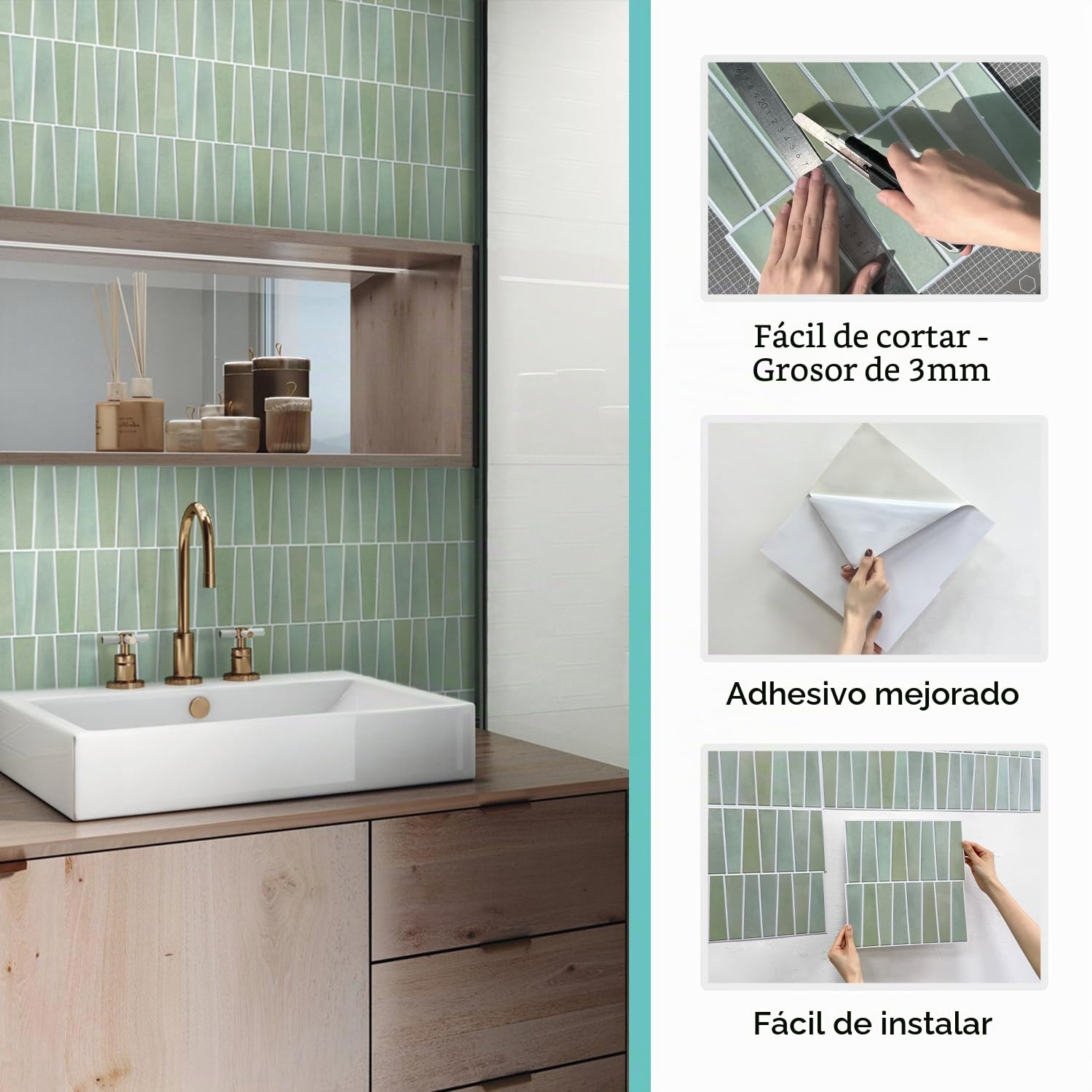 Commomy Azulejos adhesivos 3D verde claro, 10 unidades, 30 cm x 30 cm, mate