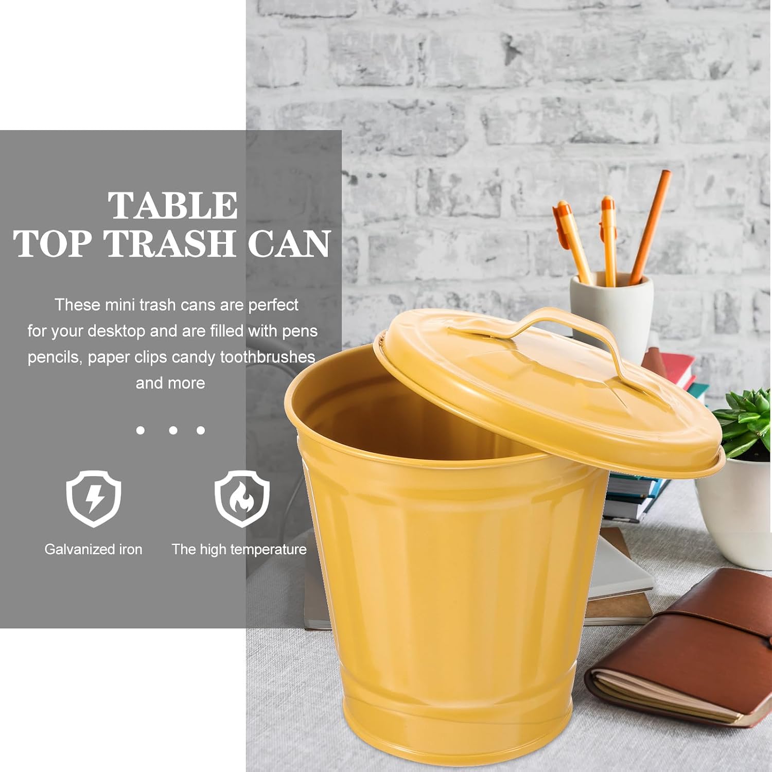 BESTYASH 2pcs Mini Galvanized Trash Can with Lid, Small Metal Desktop Waste Bucket for Kitchen Office Bathroom, Portable Tinplate Storage Container with Handle, Yellow