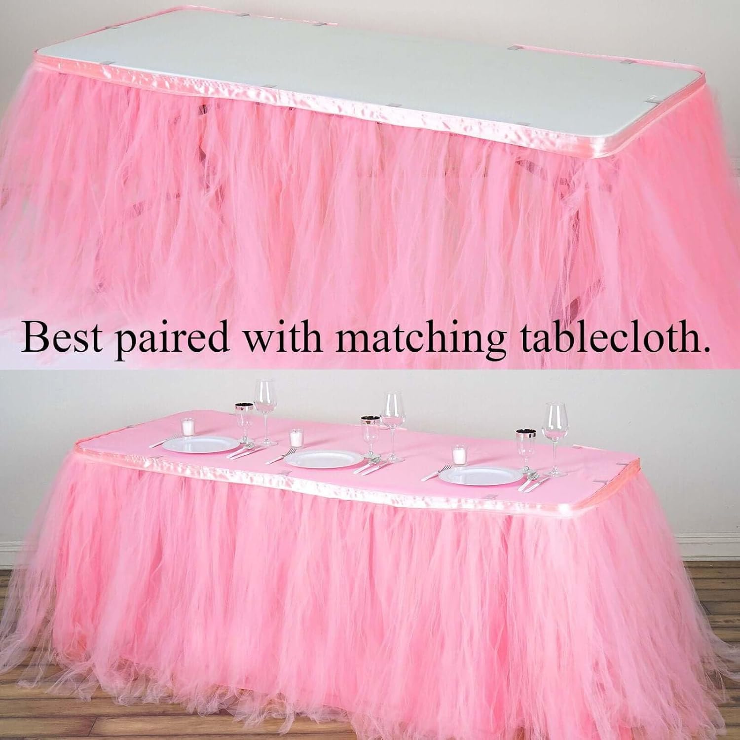 Efavormart 17ft Full Size 4 Layer Fluffy Tulle - Tutu Table Skirt for Dining Catering Wedding Birthday Party Events - Rose Quartz