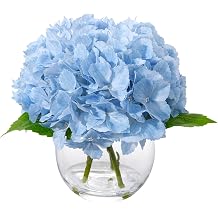 Blue T2 Artificial Hydrangea Flowers in Glass Vase with Faux Water, 3 Stems Lifelike Fake Floral Arrangement, UV-Resistant Odorless Centerpieces for Dining Table Home Office Decor 7.9"