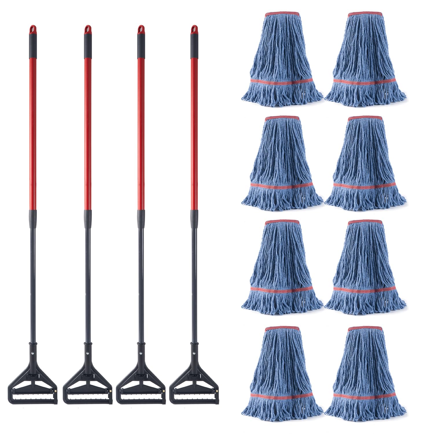 Matthew 4 Set&amp;4 Replacement Commercial&amp;Residential Mop Heavy Duty Industrial Mops w/Adjustable Side-Gate Handle(Quick-Change Gripper) Looped-End String Wet Cotton Mop for Home,Office,Warehouse