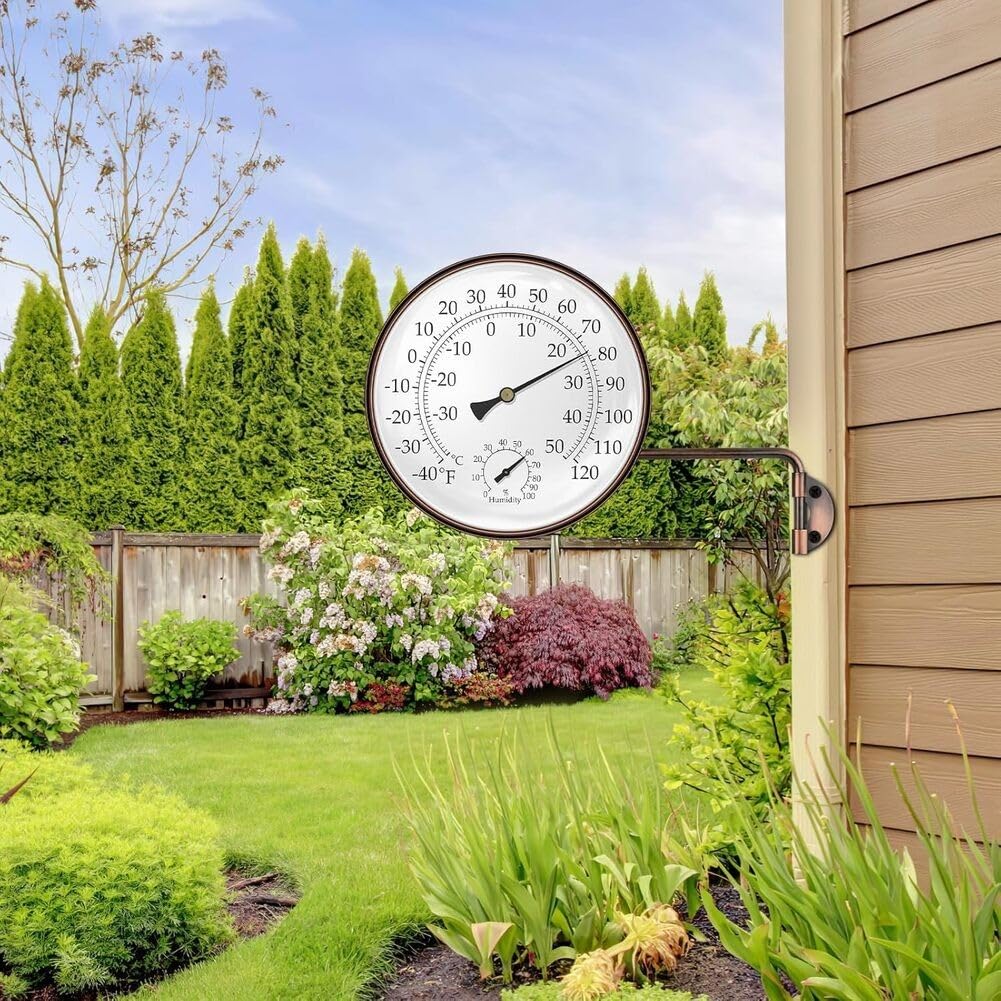 6 Zoll Kupfer Outdoor Thermometer Hygrometer, Wetterfest Analog für Zifferblatt °F/°C Skala Sensor für Garten Terrasse Gewächshaus Garage Wandhalterung