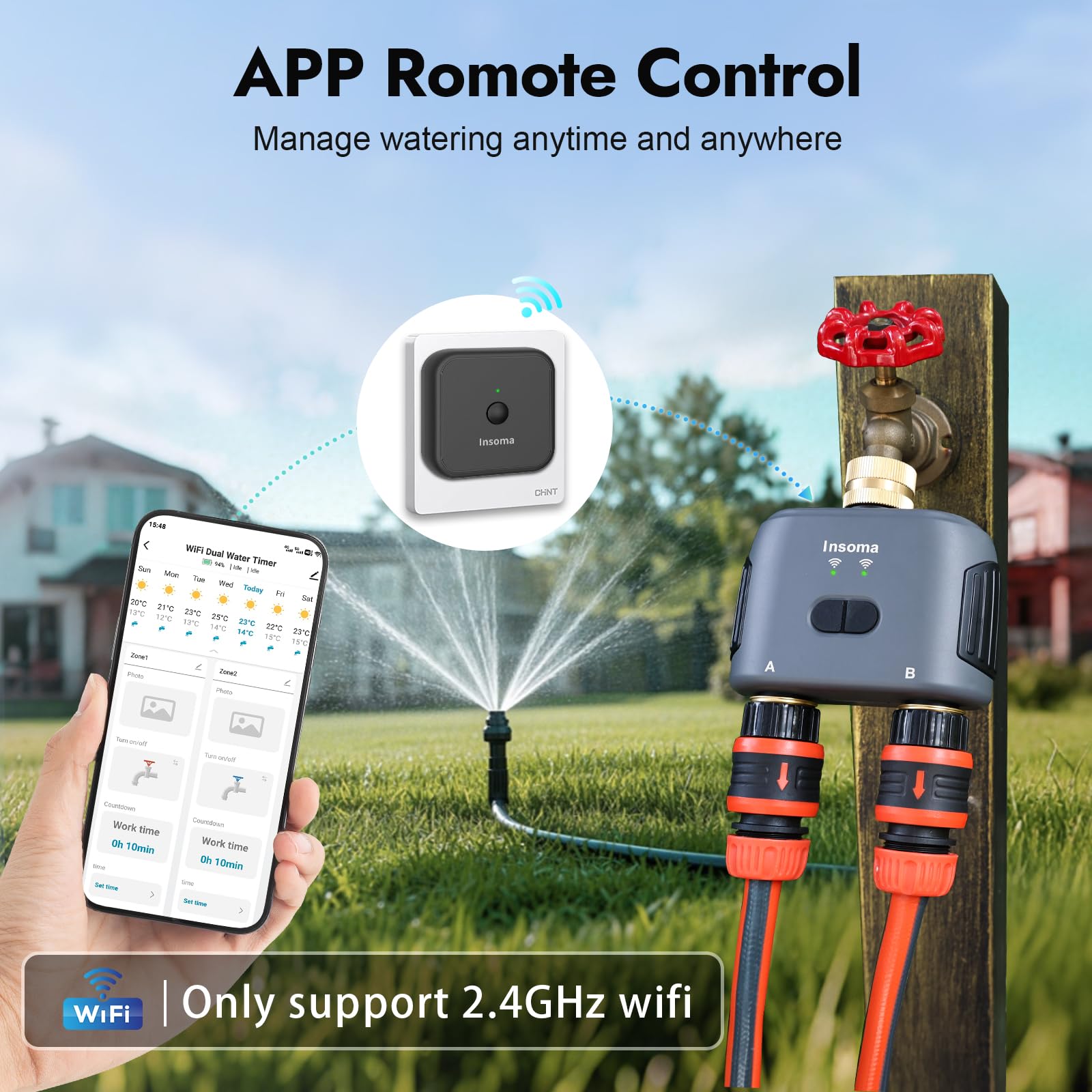 Timer wody WiFi do węża ogrodowego z mosiężnym wlotem, inteligentny timer węża z koncentratorem WiFi, aplikacją i sterowaniem głosowym, do 20 planów nawadniania, 2-strefowy kontroler systemu