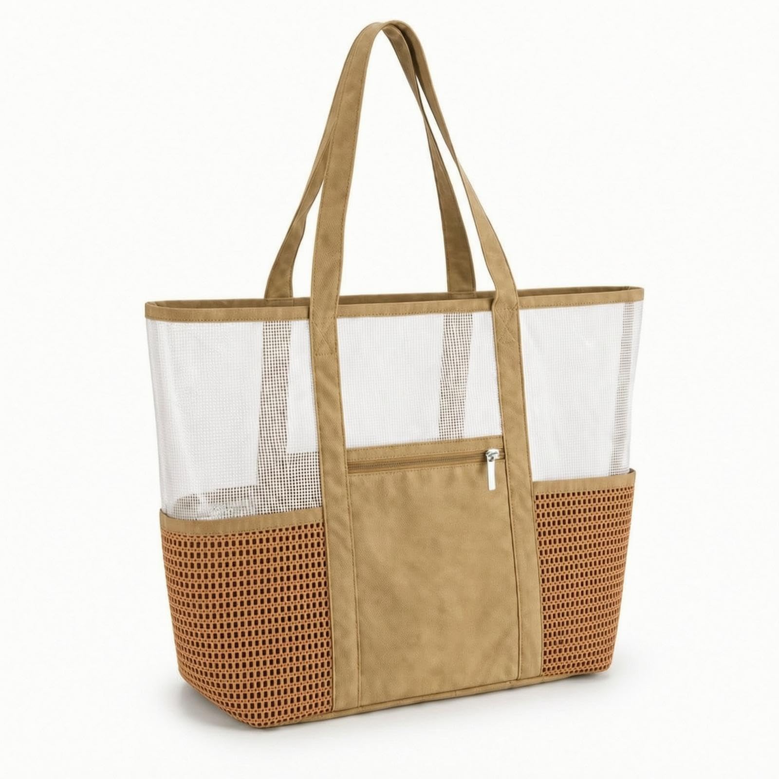 SNAPPSY Transparent Beach Tote Water-Resistant Mesh Shore Tote Easy to Low-Maintenance Mesh Handbag for Pool, Travel Brown-picture-43