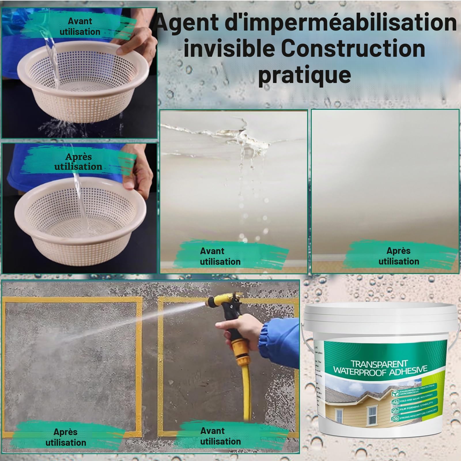 5Kg/202Fl.oz Liquide Étanchéité Transparent Scellant Invisible Imperméable Brosse Mastic Couteau Gants de Travail Rouleau de Peinture,pour la Toiture de la Salle de Bain de la Maison