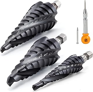 MulWark Four Spiral Flute Cobalt Step Drill Bit Set and Automatic Center Punch, Industrial Grade Aluminium Titanium Nitride Coated Step Bit, Hex Shank Unibit Step Bits for Metal, Stainless Steel