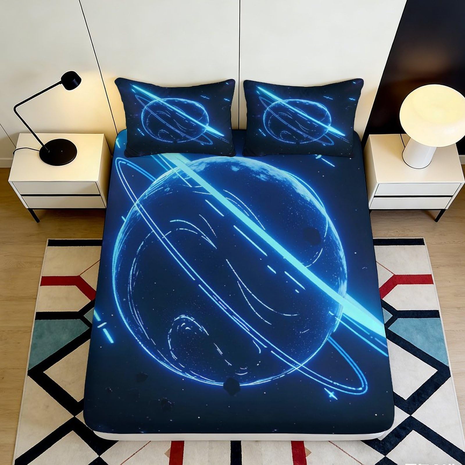 3D Printed Blue Planet Fitted Sheet Microfiber Soft Mattress Cover Cosmic Rings Bedroom Dorm Protector Decor 90x200x25cm