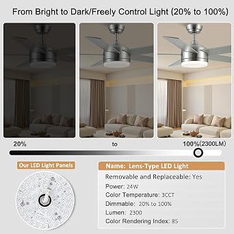YUHAO 52 Inch Brushed Nickel Ceiling Fan with Light and Remote Control.Noiseless,Dimmable,3CCT,6 Speeds Reversible, DC Ceiling Fans for Indoor or Covered Outdoor Use.ETL Listed