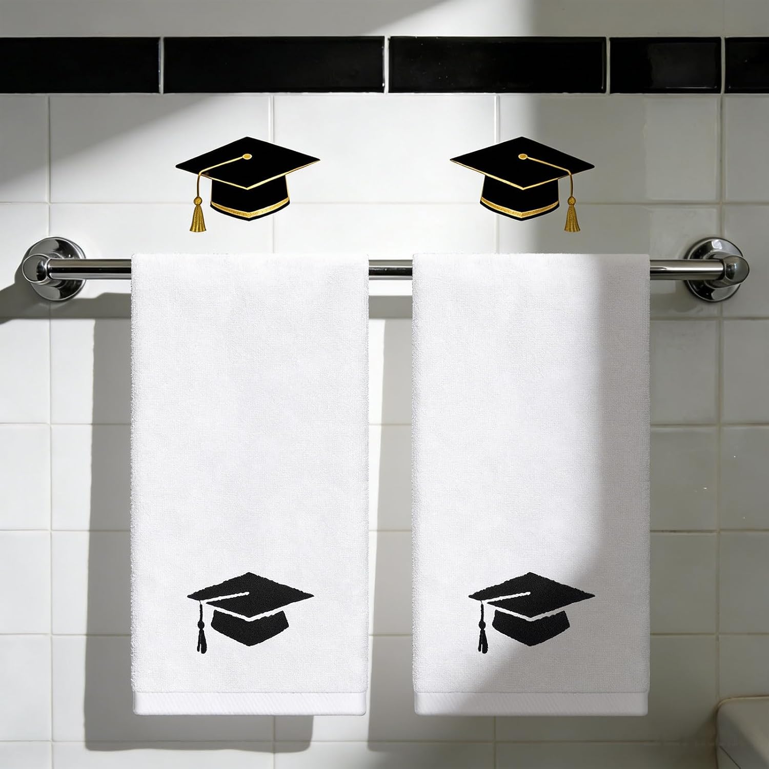 FYSUIMU 2Pcs Graduation Hand Towels Embroidered Cotton Bathroom Towel Black Diploma Cap Absorbent Bath Towel for Congrats Grad Party Dish Drying Cleaning Cooking, 29.5 x 13.7 Inch