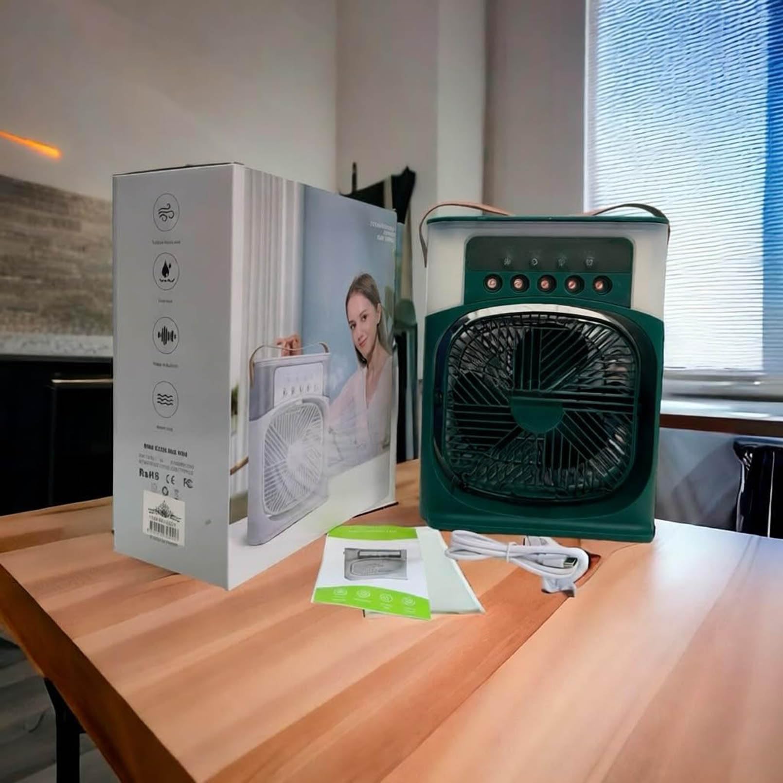 Ventola portatile 3 in 1 con luce LED, 3 velocità, modalità di spruzzo, a basso rumore, alimentazione USB, raffreddamento ad aria evaporativa per casa, ufficio e esterno