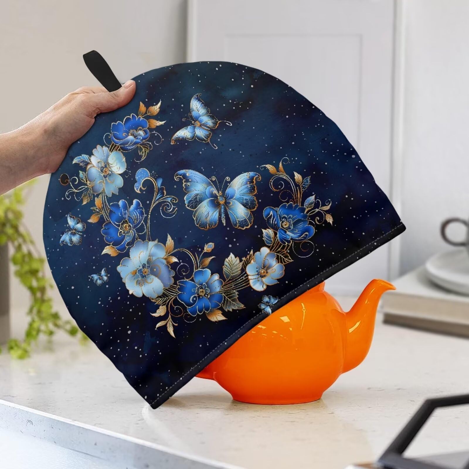 Drnuikhe Teapot Warmer Tea Pot Cozies, Floral Butterfly Teapot Dust Cover Dust Proof Tea Kettle Cover with Hanging Loop Warm Keeper Tea Cosy for Tea Coffee Drinkers