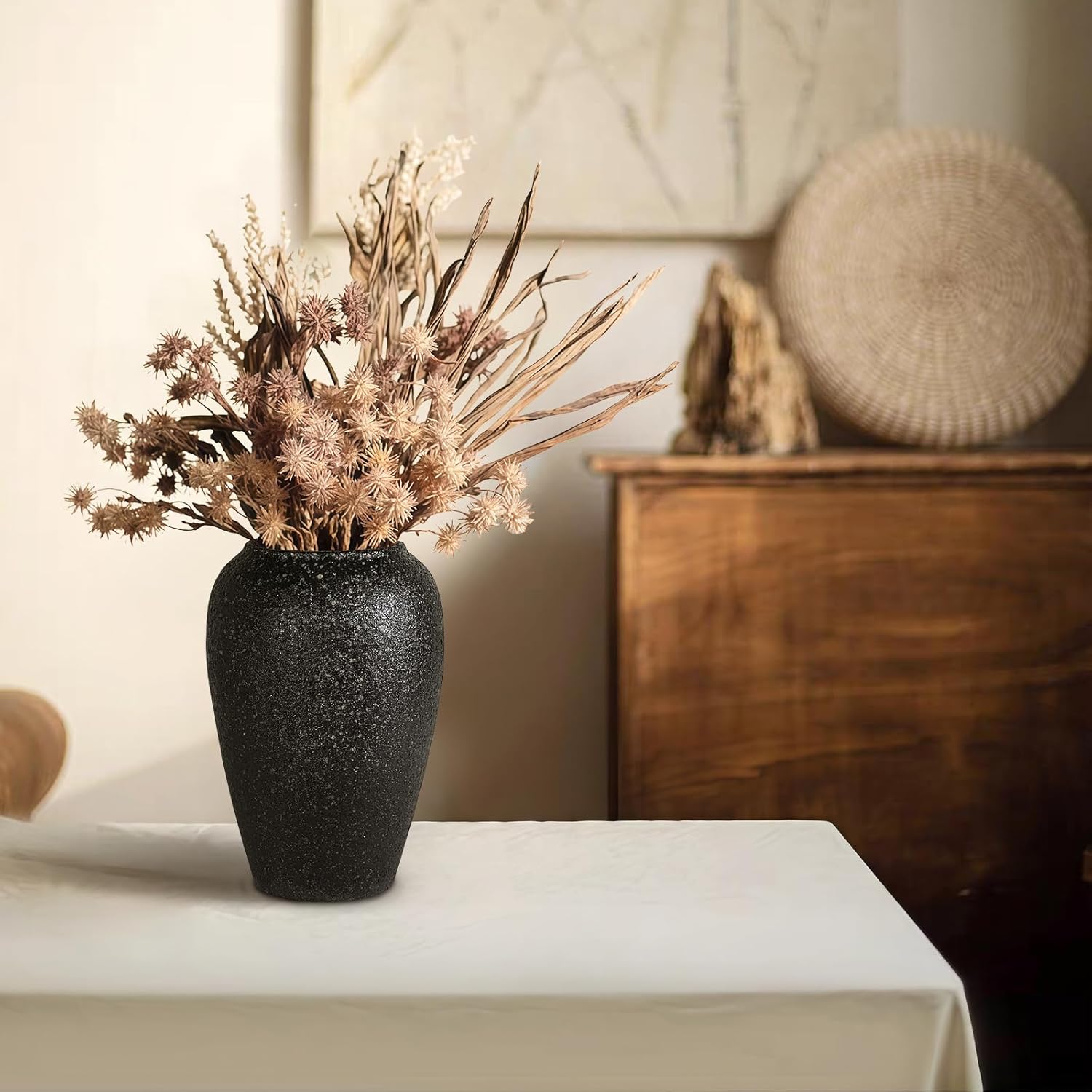 Rustic Large Ceramic Vintage Vase,Matte Black 10.2 Inch Tall Pottery Farmhouse Floor Vase for Living Room Entryway Table Centerpiece Decor,Boho Decor Terracotta Vases for Wedding Housewarming Gift