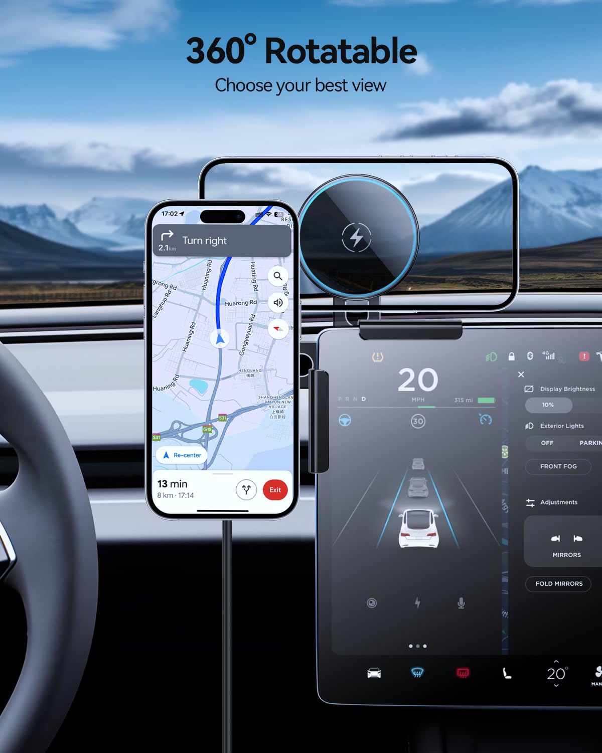 Qi2 uchwyt na telefon komórkowy z certyfikatem 15 W do Tesli Model 3/Y/X/S MagSafe magnes samochodowy z kablem C-C o długości 1 m, do iPhone'a 12-17 i MagSafe