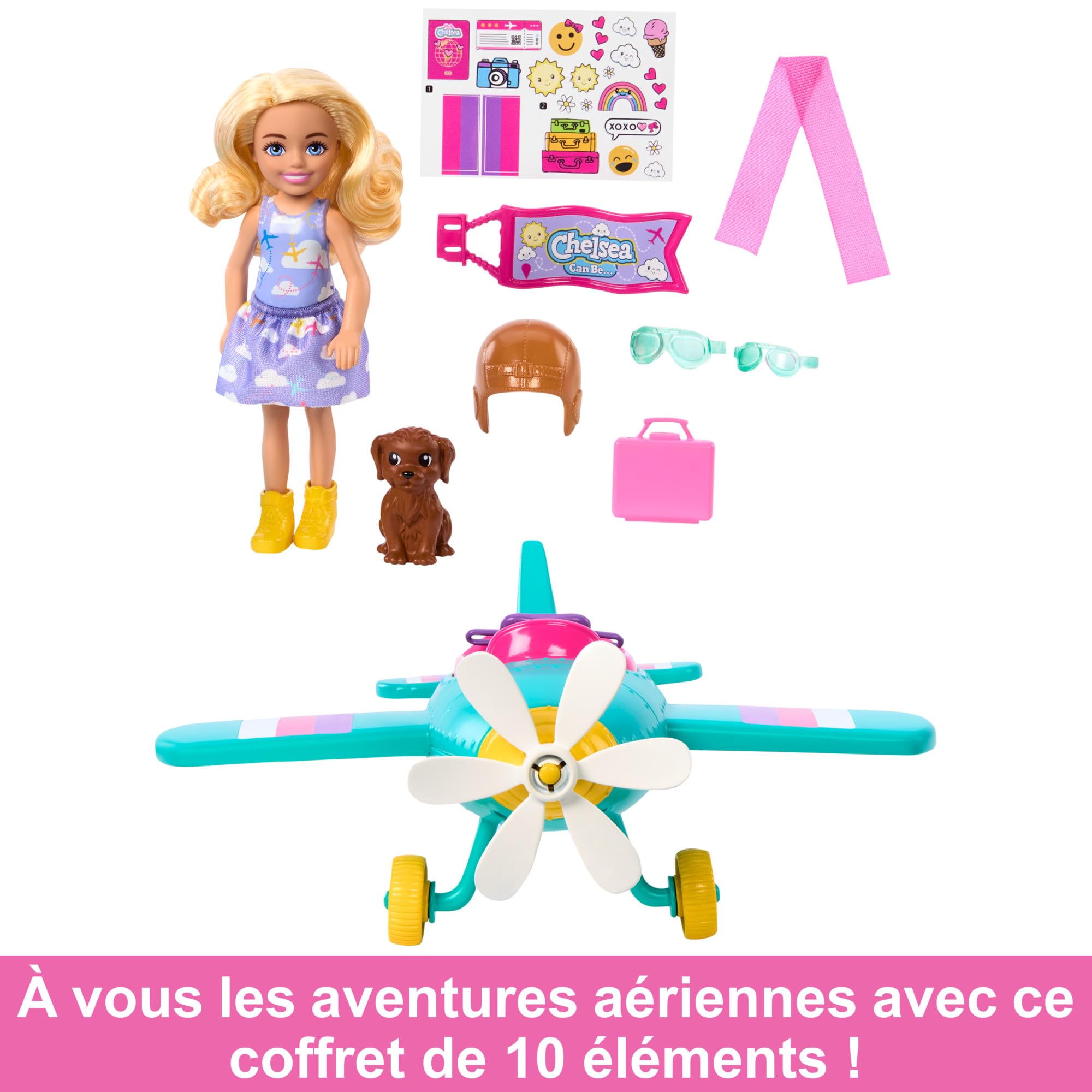 Barbie Coffret Chelsea Peut Être... avec Poupée Pilote Chelsea et 1 Avion 2 Places, 7 Accessoires Dont 1 Chiot Inclus, Thème Voyage, À Collectionner, Jouet Enfant, A Partir De 3 Ans, HTK38