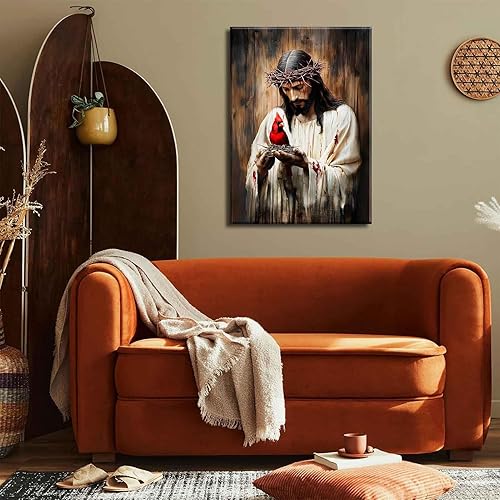 Miniatura 7 de Lienzo decorativo de Jesús y cardenal Jesús salva a los cardenalis, cuadro de decoración de pintura cristiana de Dios, espinas, pájaros rojos,