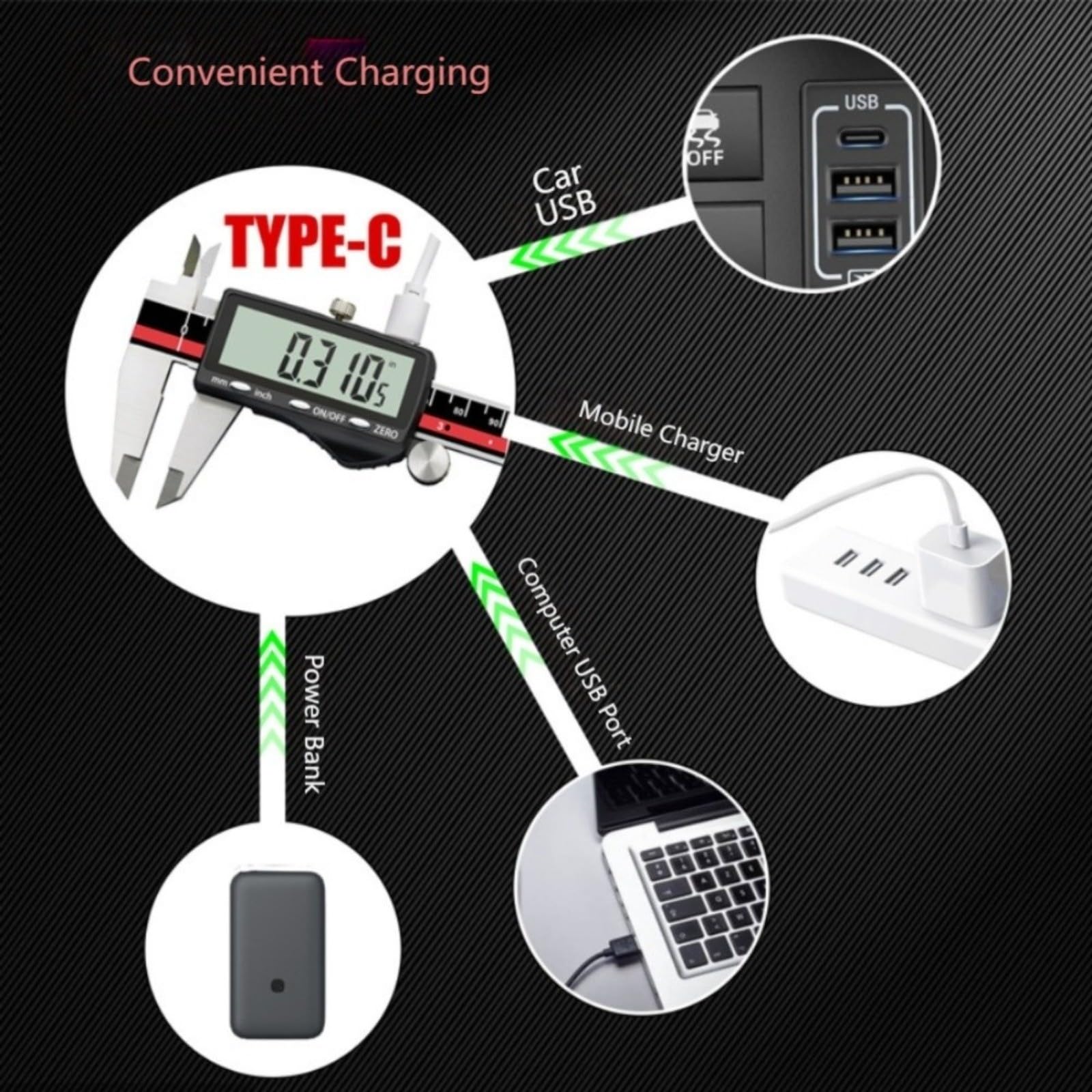 Calibre digital de acero inoxidable con gran pantalla LCD, alta precisión ± 0,02 mm, recargable por USB, para industria y taller, 150 mm negro (200 mm)