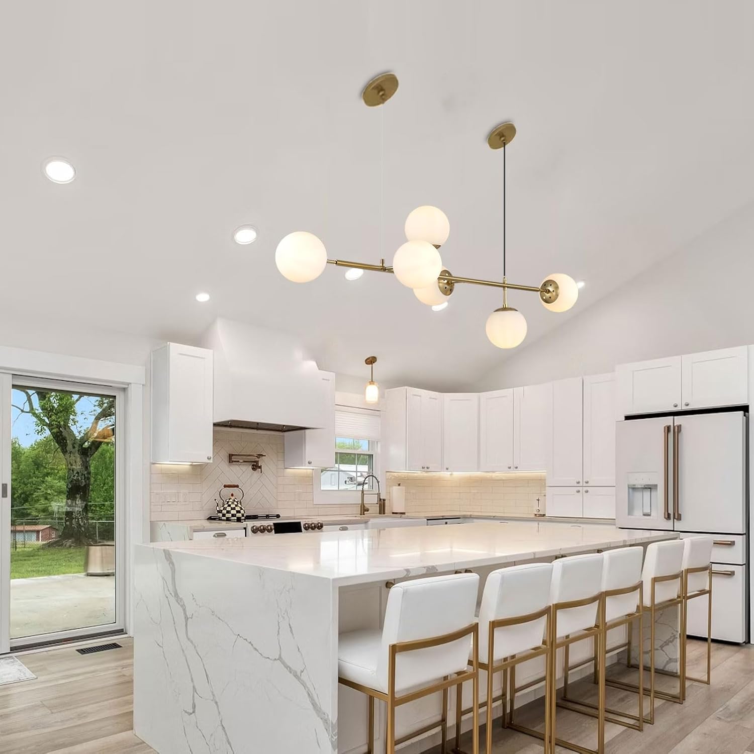 Mid-Century Modern Chandelier 6-Light Gold Linear Pendant Light with Globe Glass Shades, Adjustable Height for Dining Room, Kitchen Island, Living Room