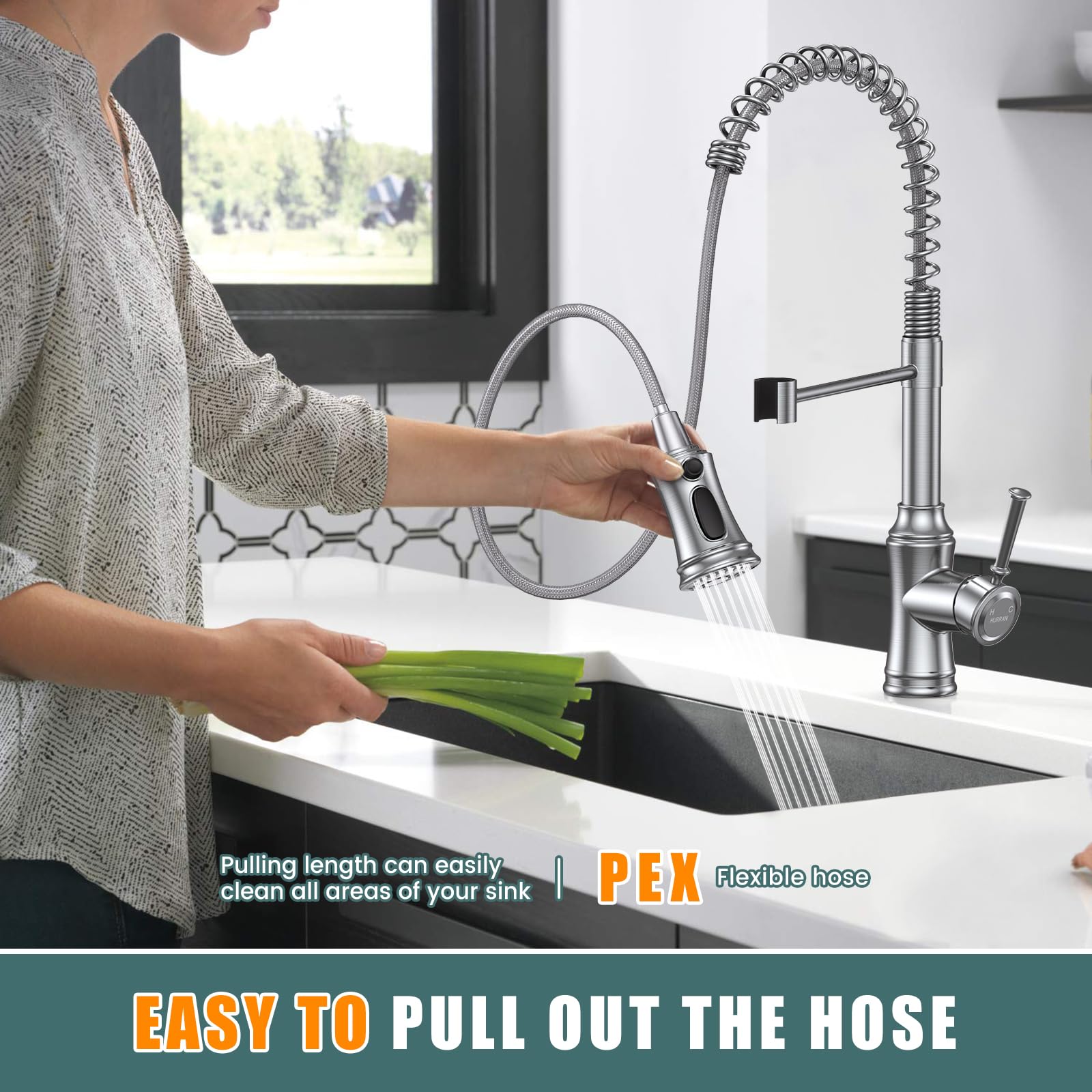 HURRAN Rubinetto Cucina Nichel Spazzolato, Rubinetto Lavello Cucina con 3 Modalità di Spruzzo, Rubinetto Lavello Cucina ad Arco Alto Estraibile con Rotazione a 360°per Lavelli da Cucina, Acciaio Inox