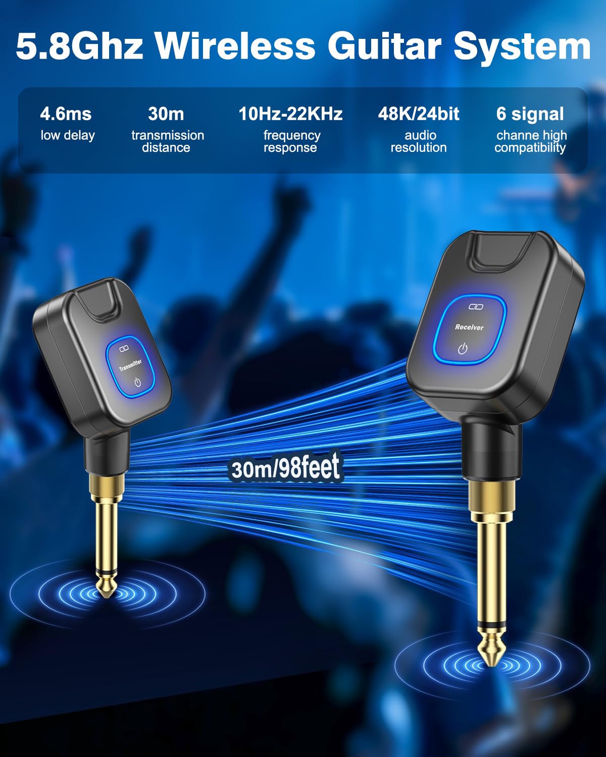 New Bee Sistema di chitarra wireless 5.8G con scatola di ricarica, suono ad alta fedeltà, ricevitore trasmettitore audio a 6 canali per chitarra elettrica, basso