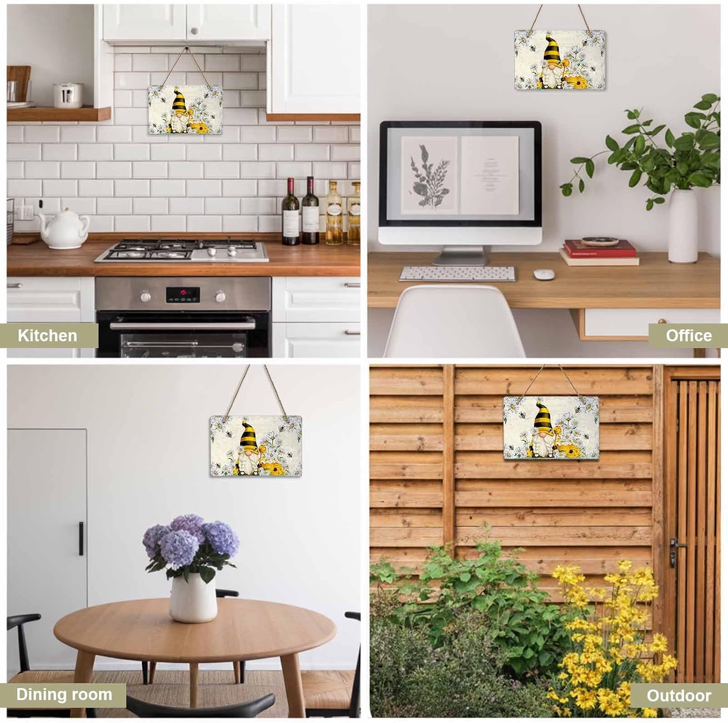Spring Bee Gnome Welcome Wall Hanging Sign- Summer Idyllic Daisy Flowers Linen Texture Slate Hanging Plaques for Front Door Porch Window Farmhouse Garden 5.1" x 7.9" Wall Home Decor