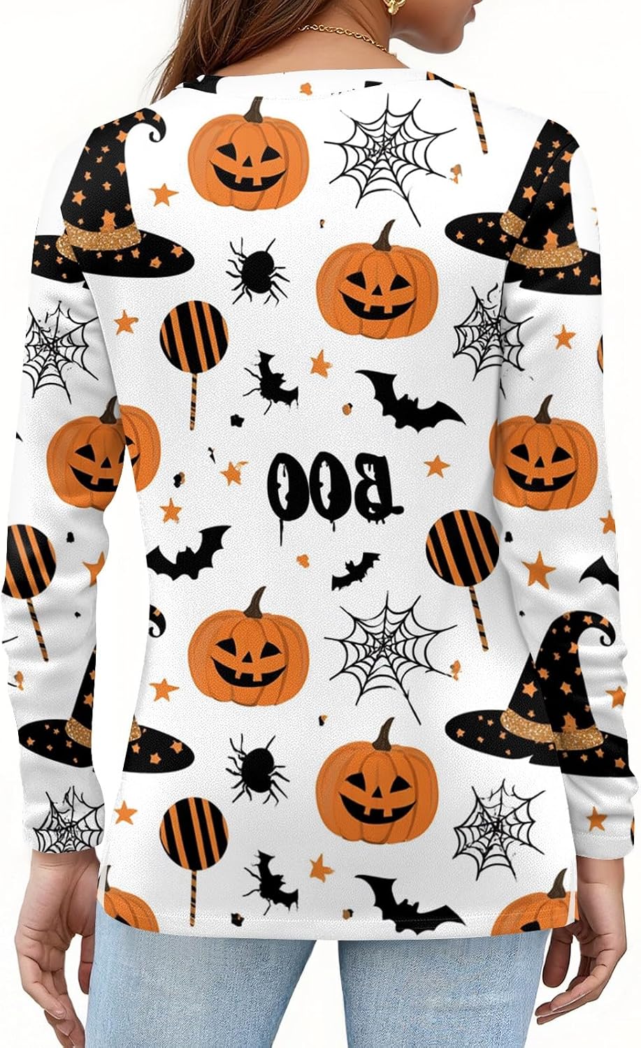 Womens Halloween Fall Long Sleeve Button V Neck Graphic T-Shirt | Spring Top Women, Horror Shirt, Cute Blouses for Women, Sexy Halloween Costumes for Women Adult, Blusas