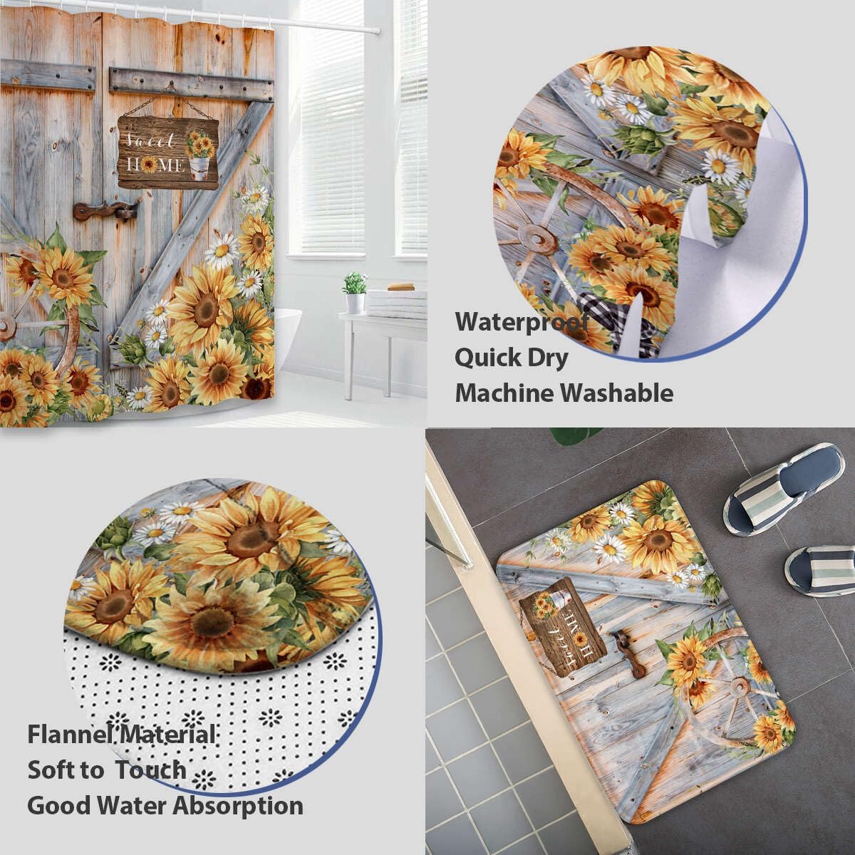 4 Pcs Sunflower Shower Curtain Sets with Rugs Rustic Barn Door Bathroom Set Home Bath Bathtub Decor Durable Curtains Mats Bathroom Decor 72 x 72 Inch