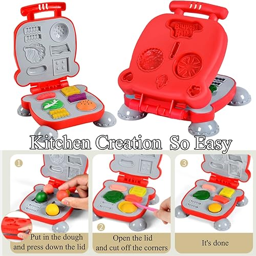 Vista 6 de Juego de masa de color Kitchen Creations Waffle Pizza Hamburguesa para simular, juguete de chef, juego de herramientas de modelado de alimentos