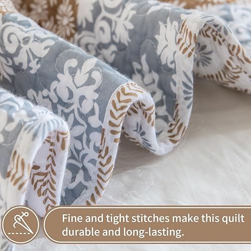 Miniatura 4 de KALOOLA Juego de edredón marrón tamaño Queen, 100% algodón, suave, ligero, acolchado, colcha reversible con 2 fundas de almohada, colcha estampada a