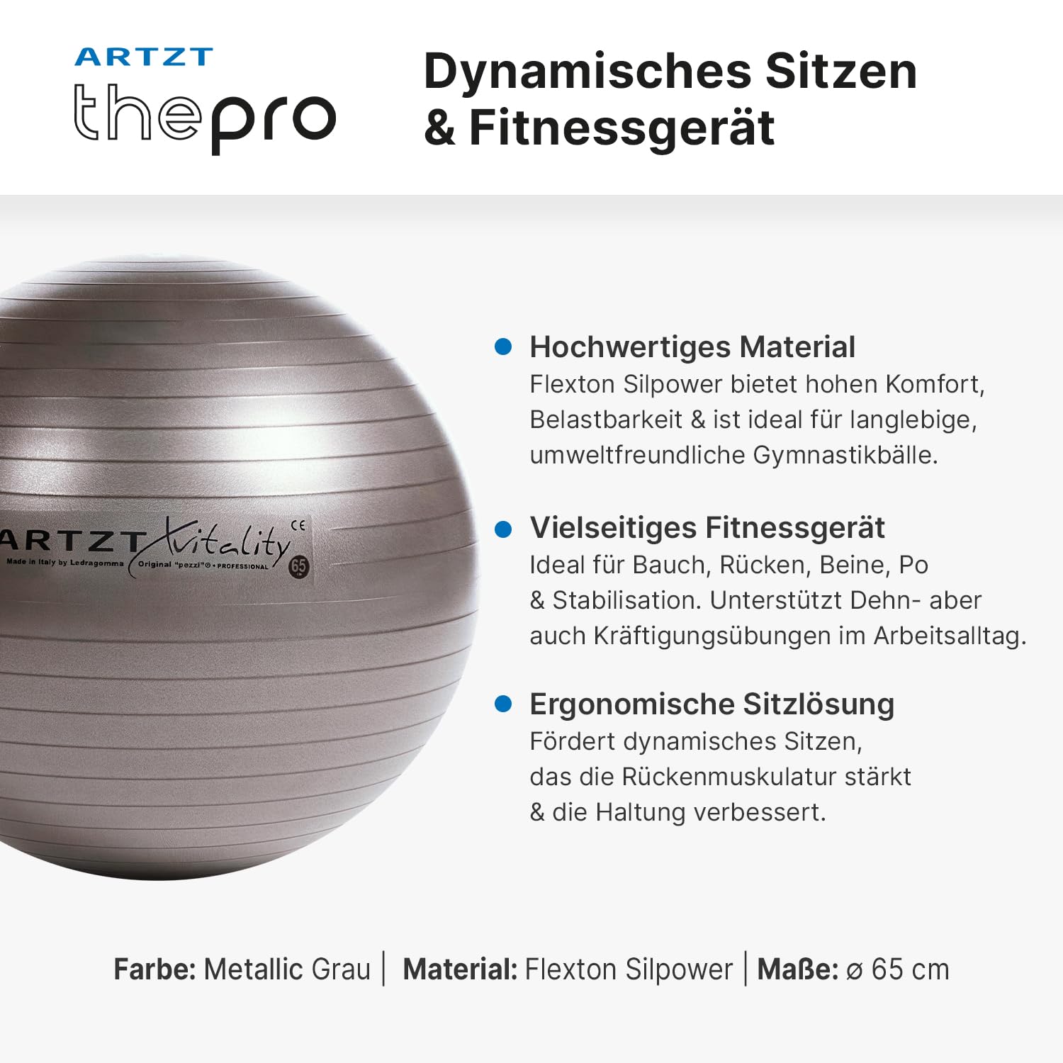 Gymnastikball | Original Pezziball | Sitzball für Fitness & Gymnastik | Yoga Ball für Home Fitness | bis 500 kg belastbar | Platzsicher bis 90 kg | Made in Italy