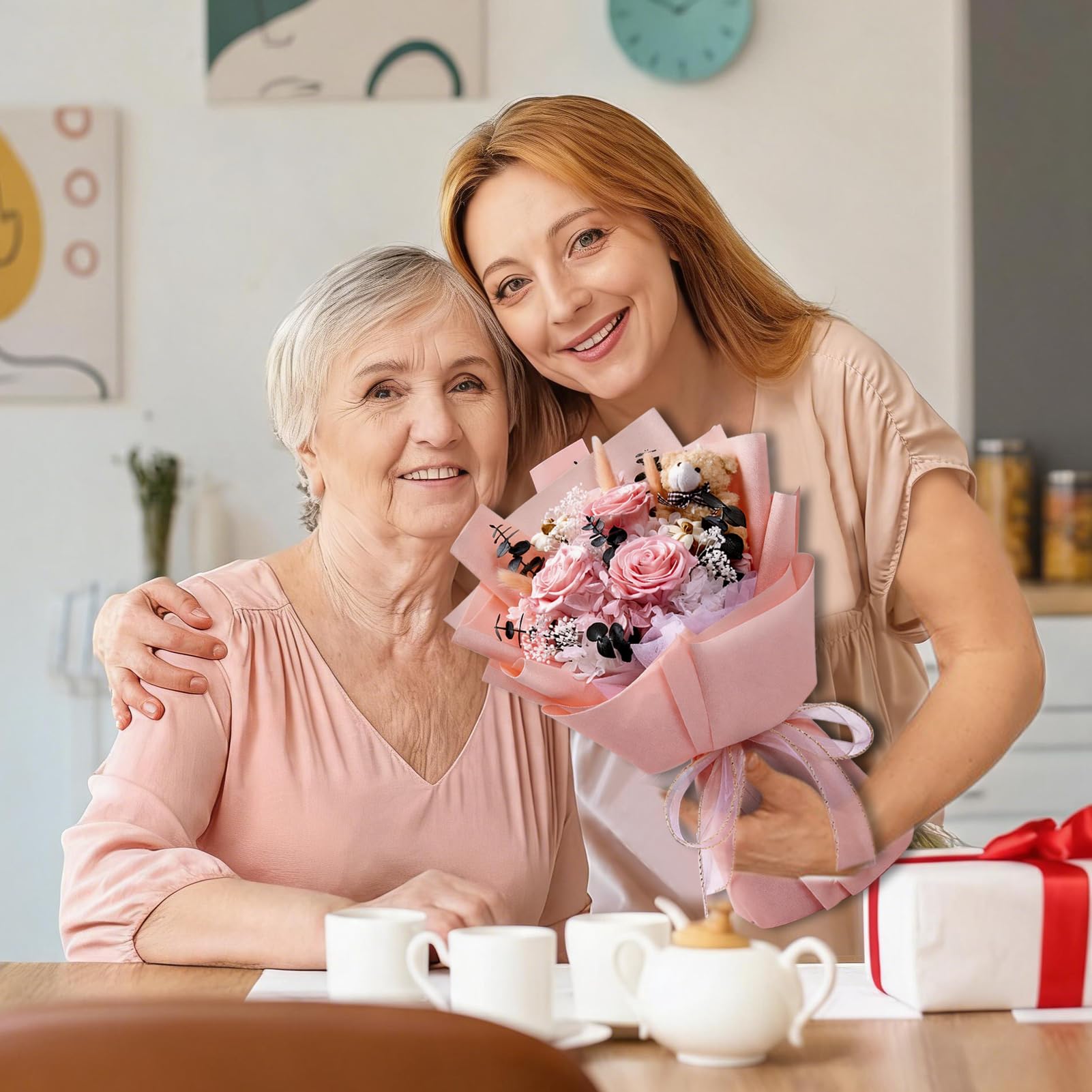 Bouquet de Roses Éternelles, Fleur Eternelle avec Un Ours, Fleurs Préservées avec Coffret Cadeau, Cadeau Femme, Maman, Épouse, Fête des Mères, Saint-Valentin, Anniversaire