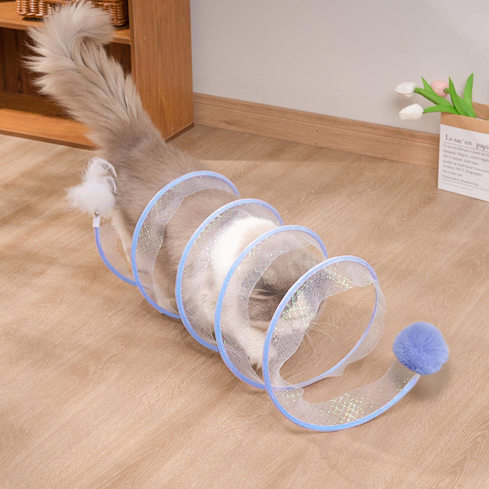 Spiraal kattentunnel speelgoed, opvouwbare kattentunnel, interactief kattenspeelgoed, spiraal tunnelspeelgoed, flexibel opvouwbaar huisdierspeelgoed, speeltunnel met veer-speelgoed en speelgoedmuizen