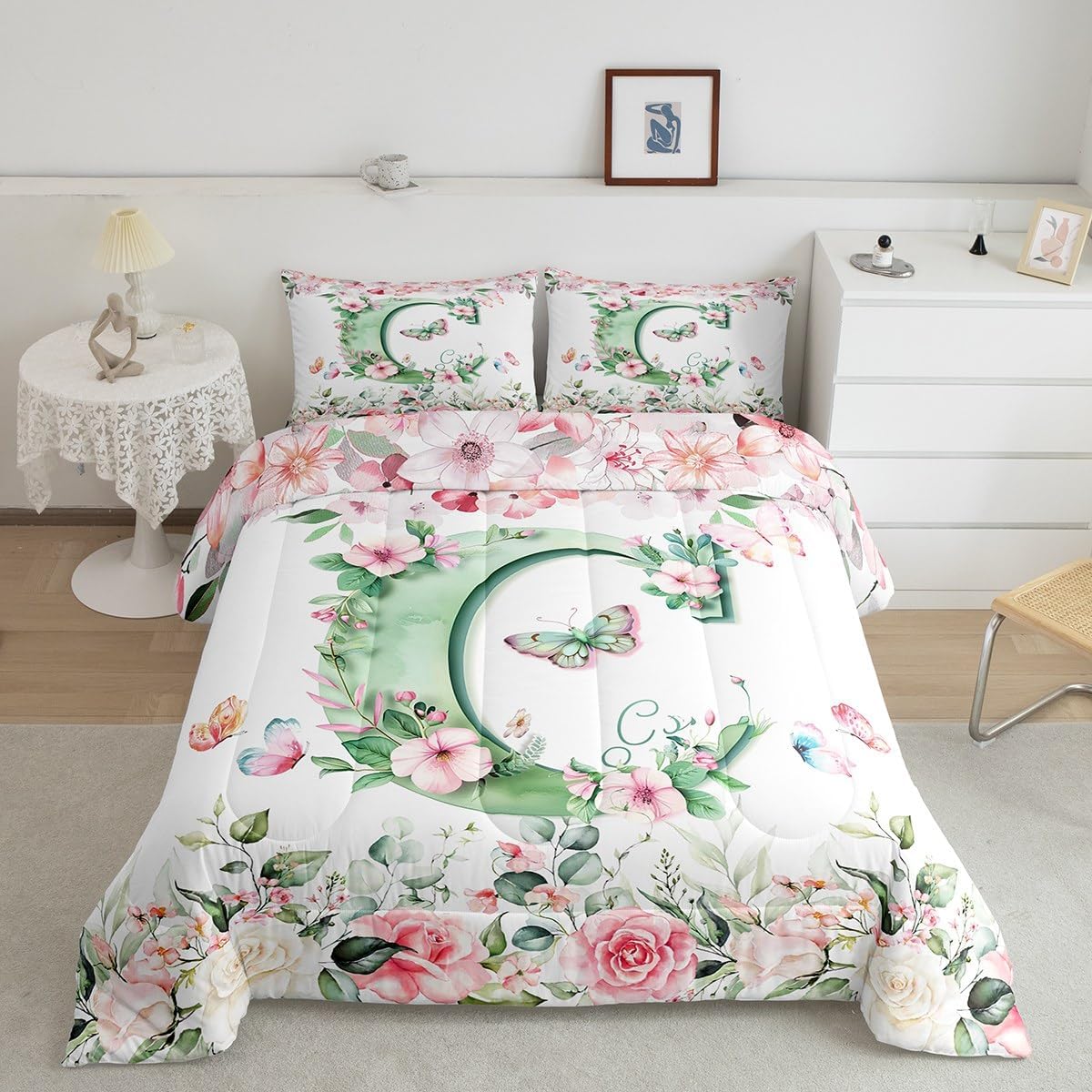Erosebridal Initial Alphabet C Twin Comforter for Kids Boys Girls,Green Watercolor Letter Bedding Set Personalized Letter C Comforter Set Pink Flowers Garden Plants Quilt Duvet