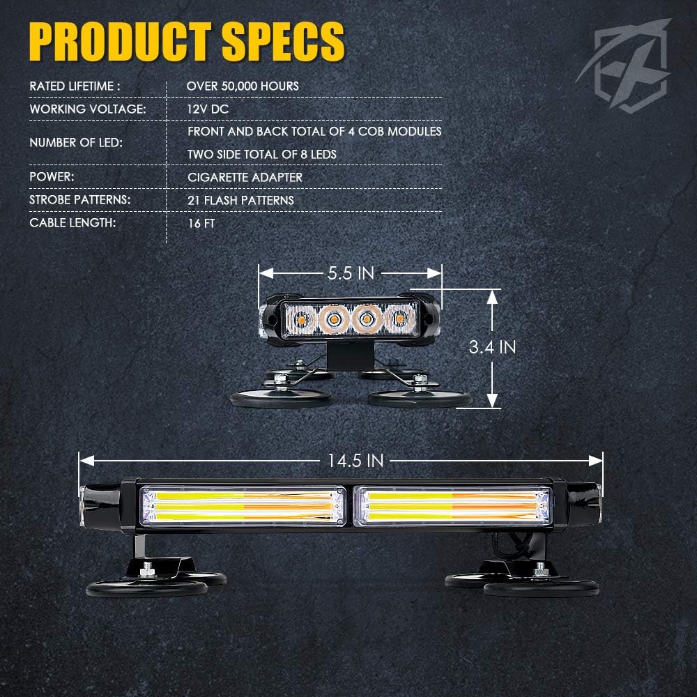 Xprite White Amber COB LED Strobe Rooftop Flashing Light Bar Double Side Hazard Warning Beacon Lights w/Magnetic Base for Emergency Safety Vehicles Tow Trucks Cars Tractor Snowplow