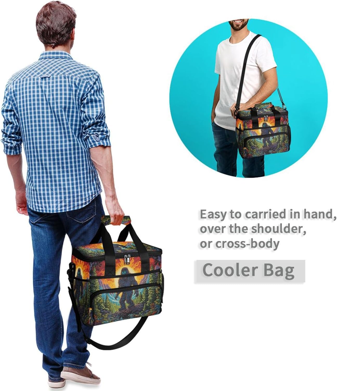 Sasquatch Colorful Forest Insulated Cooler Bag 24 Cans Large Capacity Lunch Box Leak Proof with Shoulder Strap for Picnic Camping