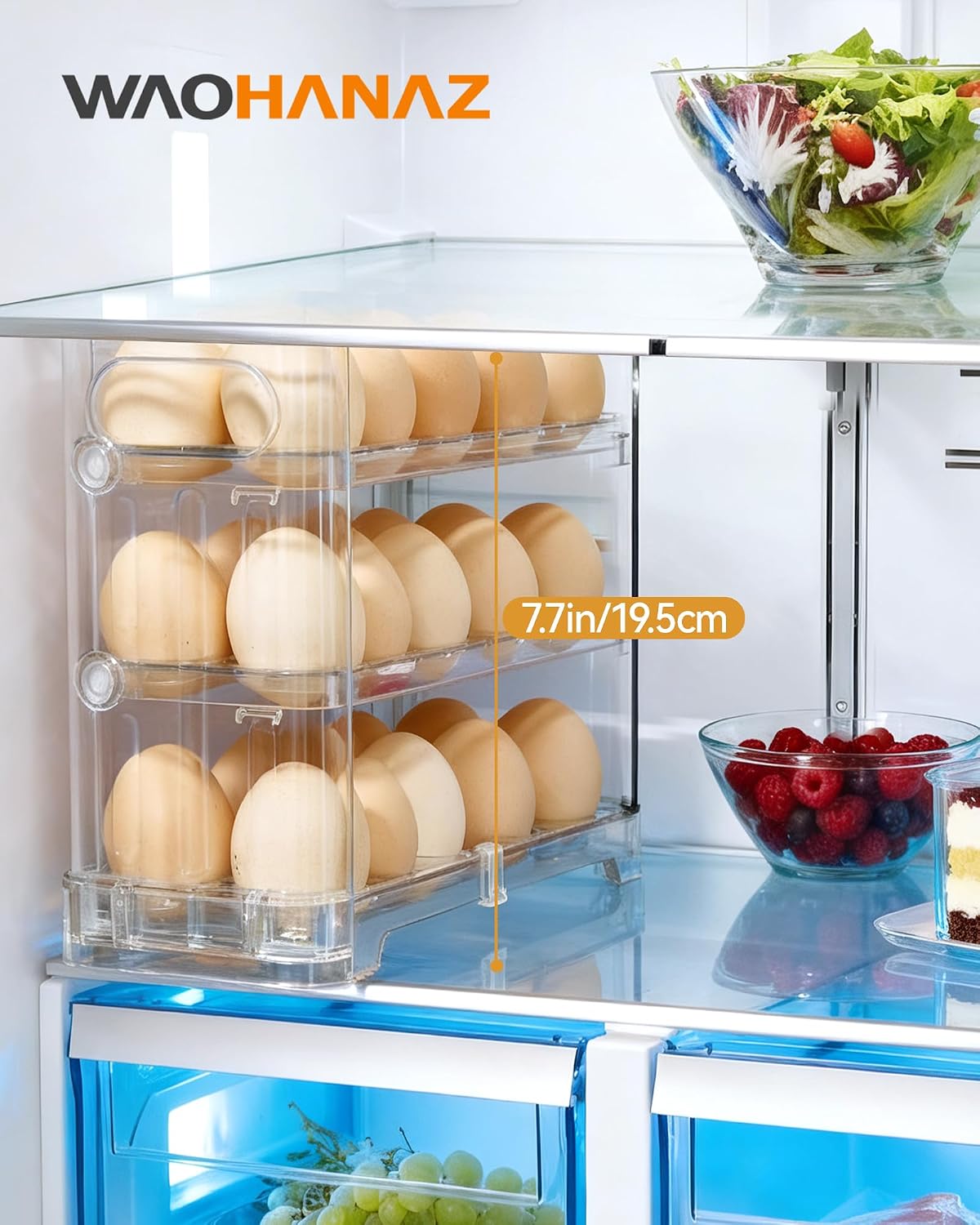 3-Tier Egg Holder, Holds 30 Eggs with Lift-Up Layers & Date Tracker, Multi-Use egg Organizer with Handle for Countertop, Pantry, Refrigerator, Clear