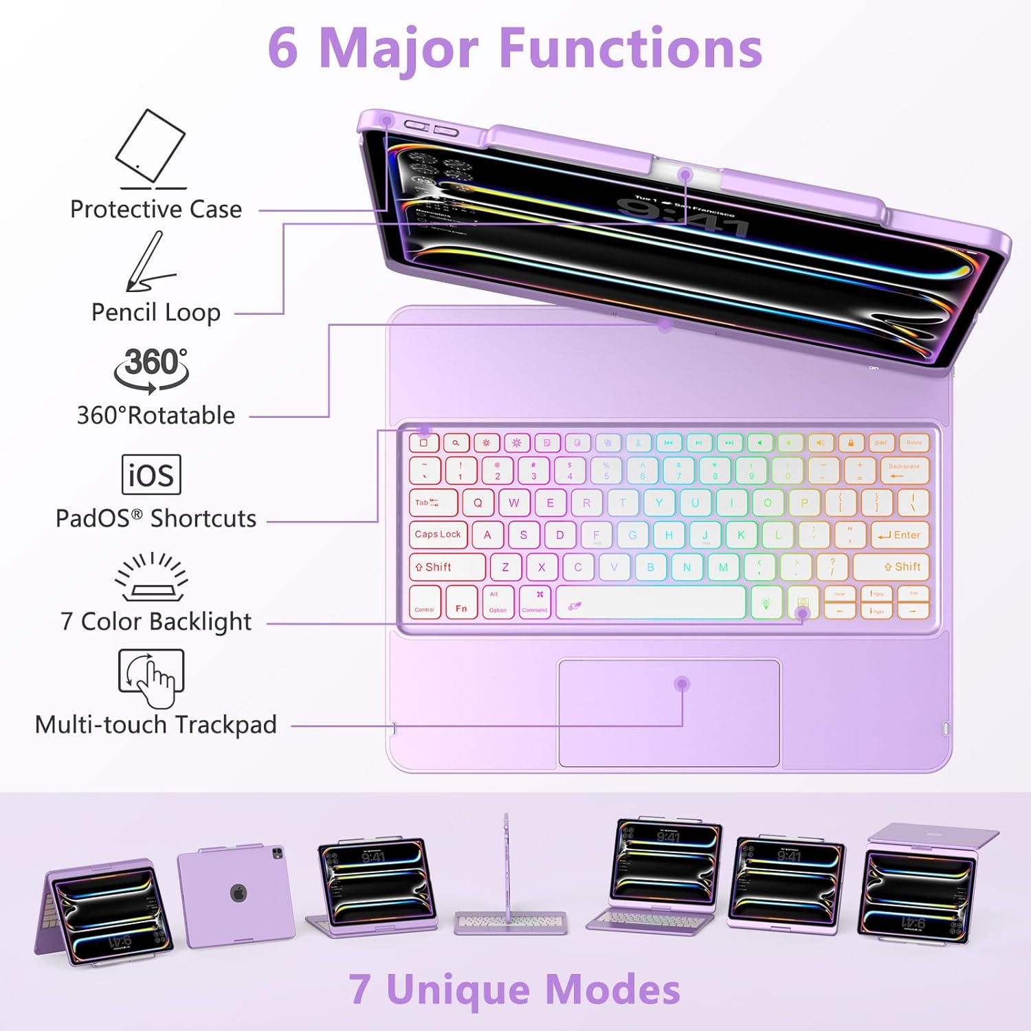 TQQ iPad Pro 13-inch Case with Keyboard (M5 2025 / M4 2024), iPad Pro 13 Keyboard Case with Pencil Holder, Multi-Touch Trackpad, 360° Rotatable, 7-Color Backlit, Thin & Light (Purple)