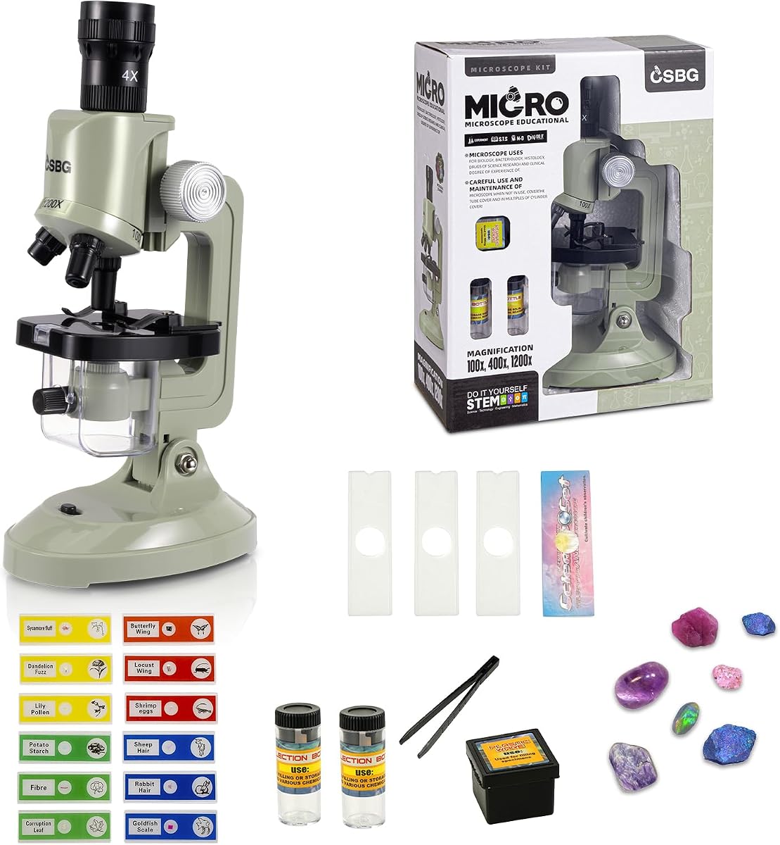Microscope for Kids, 100x 400x and 1200x Science Kits for Kids Age 5-7 Age 8-12, Microscope Beginner Kit with LED, Learning Resources Toys, Science Experiment STEM Kits, Green
