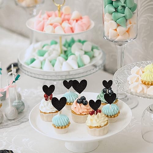 Miniatura 4 de Rsstarxi Paquete de 30 adornos para cupcakes de corazón, purpurina negra, dulce amor, baby shower, para despedida de soltera, boda, compromiso,