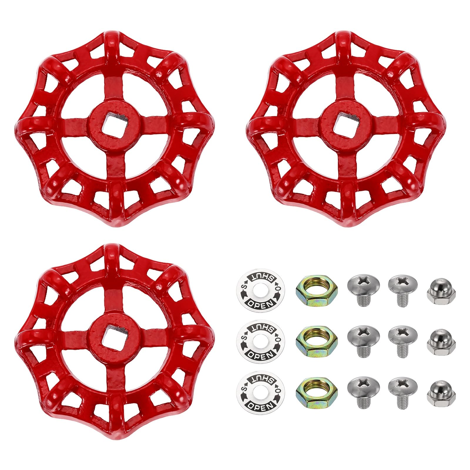 sourcing map 3Pcs Outdoor Faucet Water Spigot Handle, 8 x 8mm Round Wheel Square Stem Hole Cast Iron Hose Bib Outside Faucet Valve Handles Replacement for Garden Courtyard Bathroom, Red