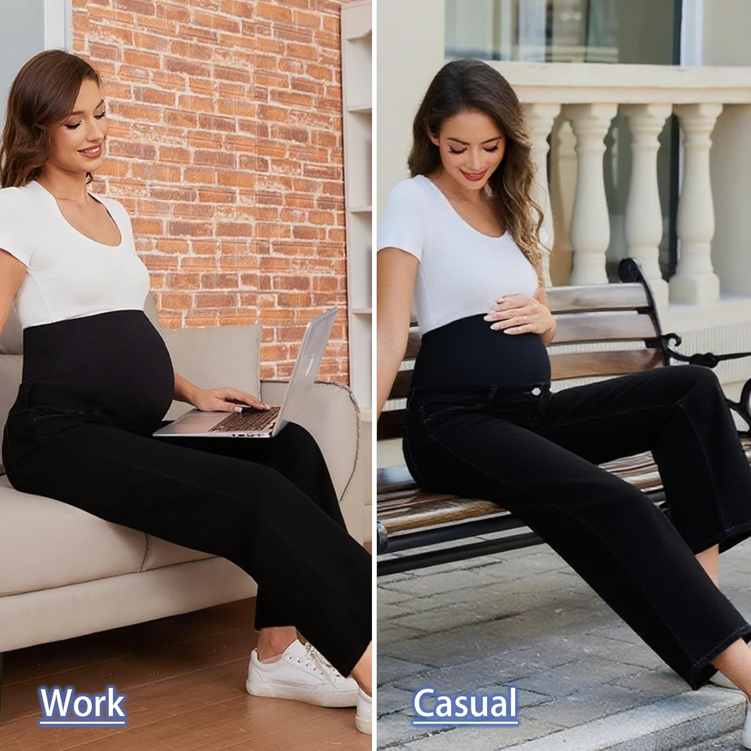 Ecavus Women's Maternity Jeans Over Belly Wide Leg Comfy Stretch Denim Pants with Pockets, XS-XXL - Image 2