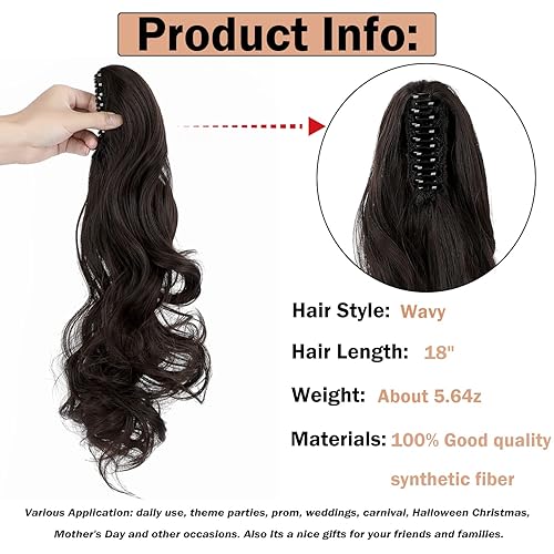 Miniatura 2 de Extensión de cola de caballo con clip de garra, extensiones de cabello ondulado de 18 pulgadas, cola de caballo larga para mujer, extensiones de