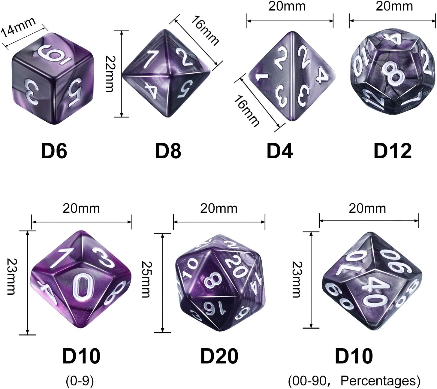 AIKVSXER EBOOT Polyhedral 7-Die Dice Set for Dungeons and Dragons with Black Pouch (Purple Gray)