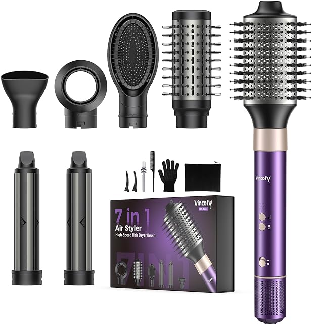 Vincofy 7 in 1 Blow Dryer Brush Set - Hot Air Styler for Fast Drying, Curling, Straightening & Volumizing – Ionic Hair Dryer Brush with 1500W Power - No Heat Damage for All Hair Types-Purple