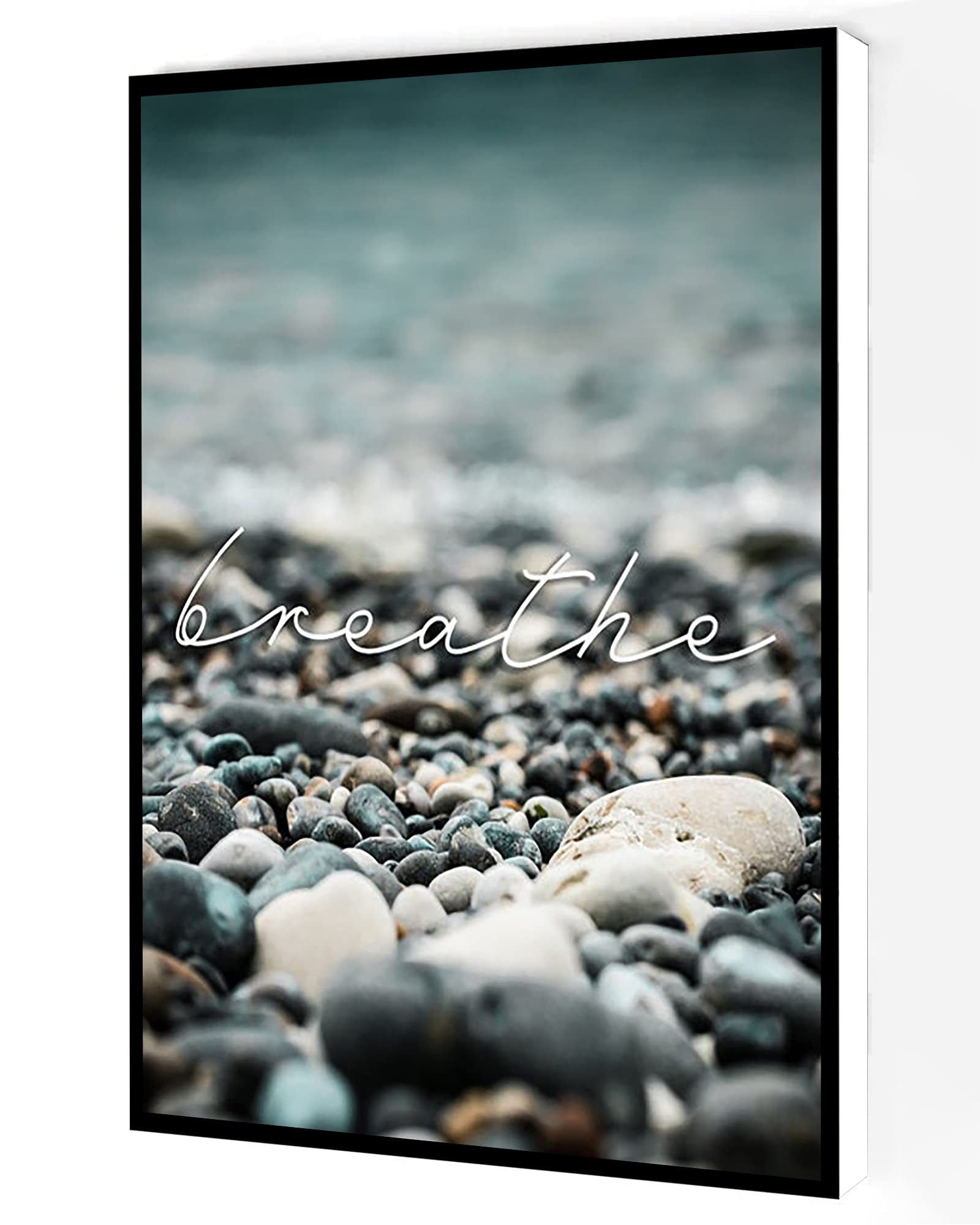 Breathe Canvas Wall Art,Beach Pebbles Quote Print,Beach Travel Poster Modern Artwork Painting For Living Room Office Home Decoration 12''x16'' Framed