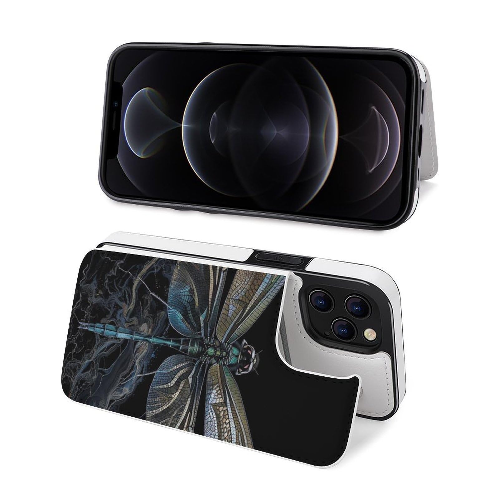 Funda tipo cartera para iPhone 12 Pro, diseño de libélula negra, funda de piel con ranuras para tarjetas