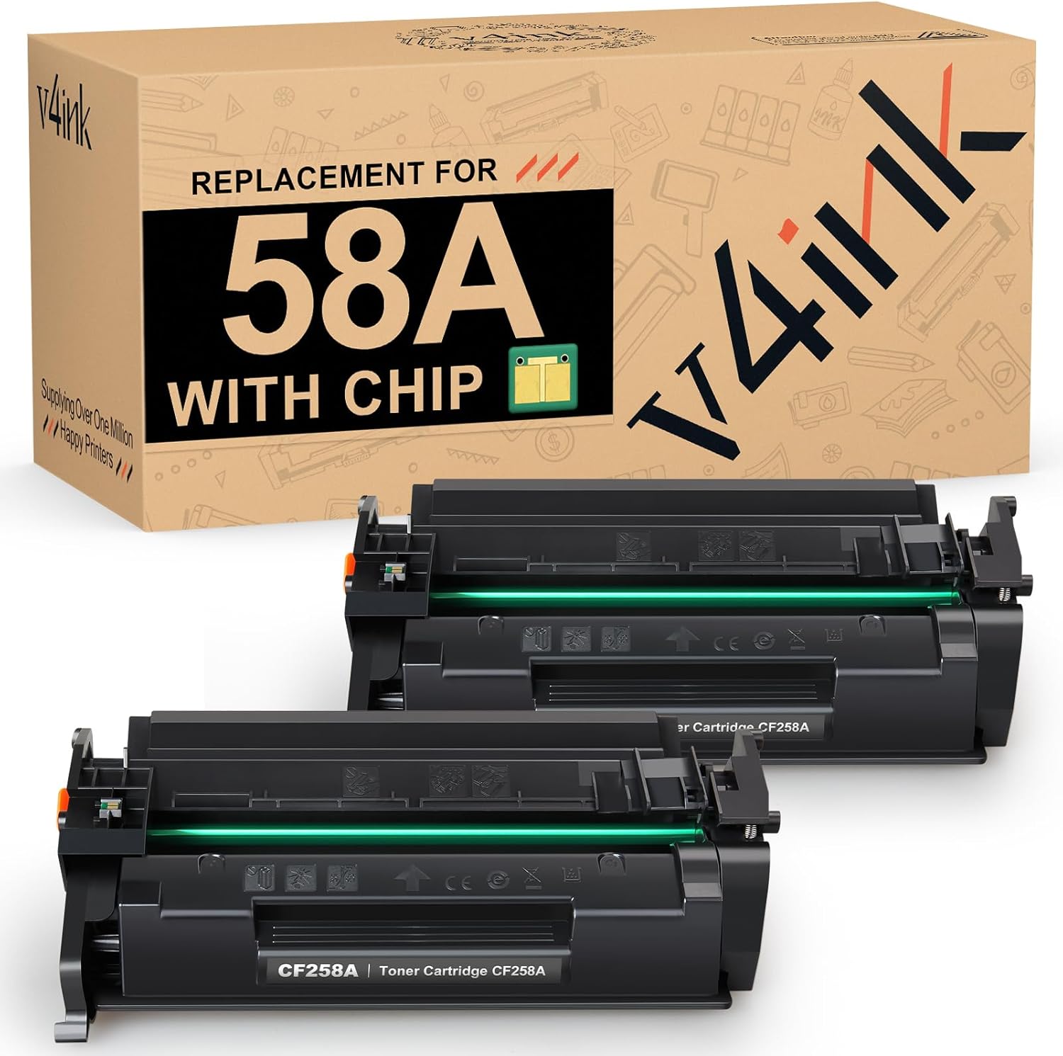 v4ink 58A CF258A Black Toner Cartridge (with Chip) Compatible Replacement for HP CF258A 58A 58X Toner Cartridge for HP Pro M404dn M404n M404dw MFP M428fdw M428fdn M428dw M406dn M430f Printer, 2 Pack
