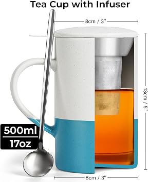 MIAMIO - Tea Cups Set/Tea Mug Set with Infuser Ceramic (17oz, Blue)