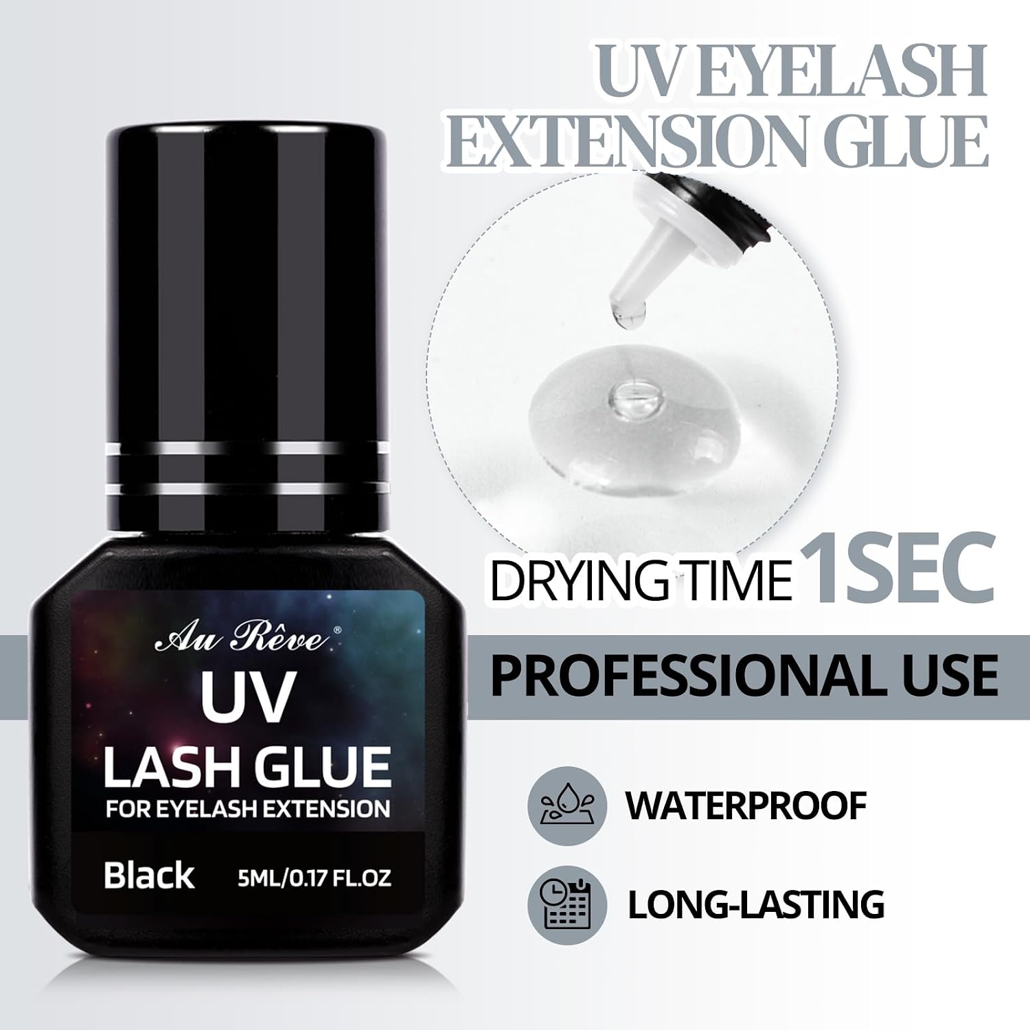 UV Eyelash Glue 5ml Lash Extensions UV Glue Kit Light Curing Quick-Drying, 20 pcs Lint-Free Black and White Double Eye Pads for Lash Artists (Black)