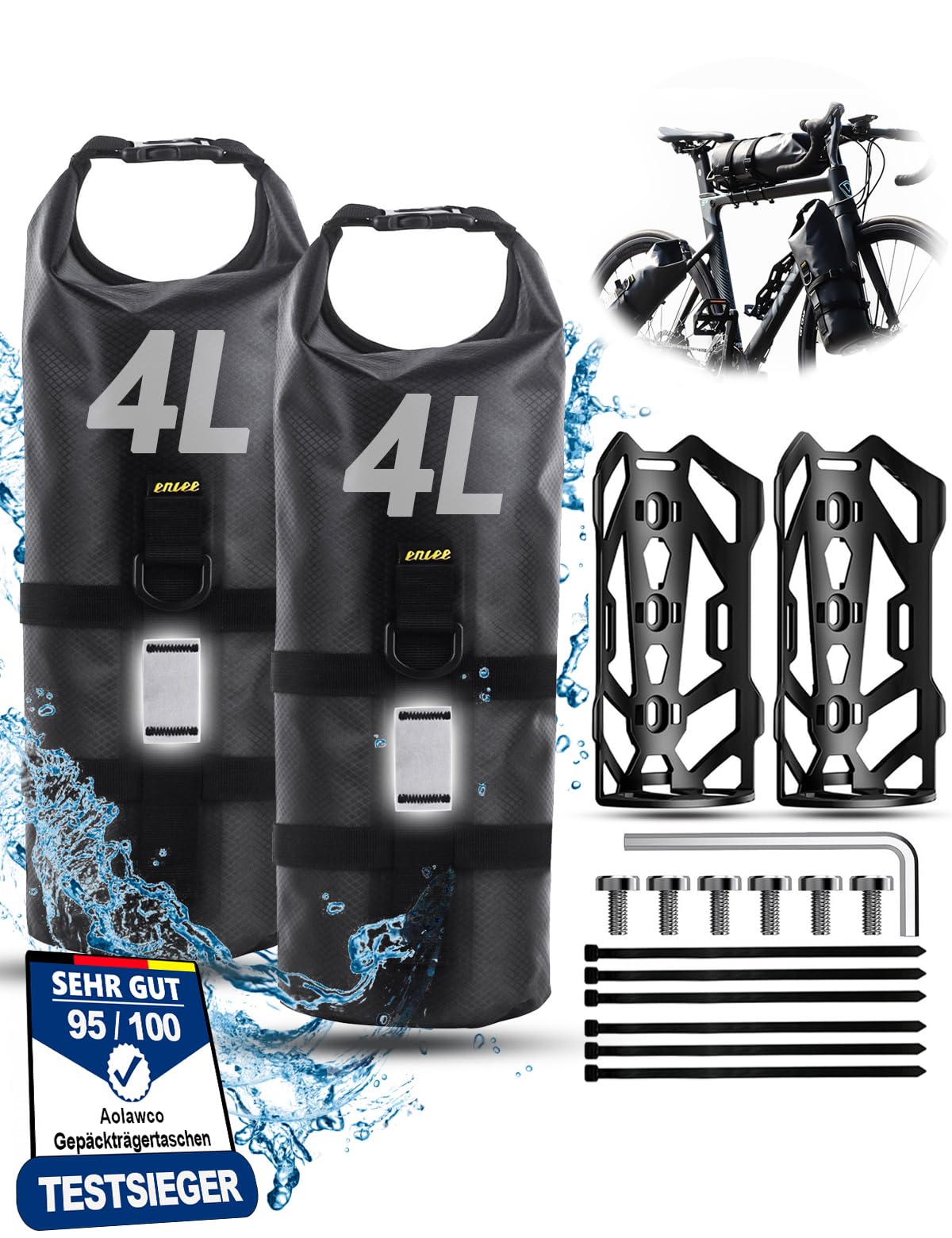 Lot de 2 sacoches de vélo 4 L + 4 L, avec support polyvalent, 100 % étanche, compatible avec les vélos de montagne et de route