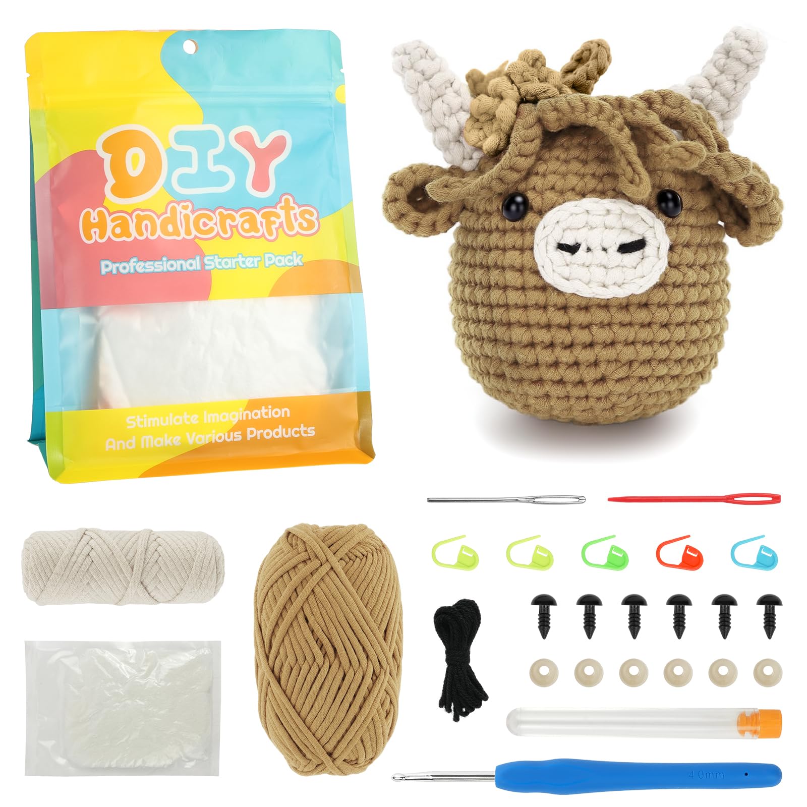 AUAUY Crochet Kits for Beginners, Highland Cow Crochet Gifts for Novice Crafters & Lovers, Knitting Kits for Beginners Adults Kids, Crochet Starter Kit with Step-by-Step Video Tutorials, Yarn, Needles